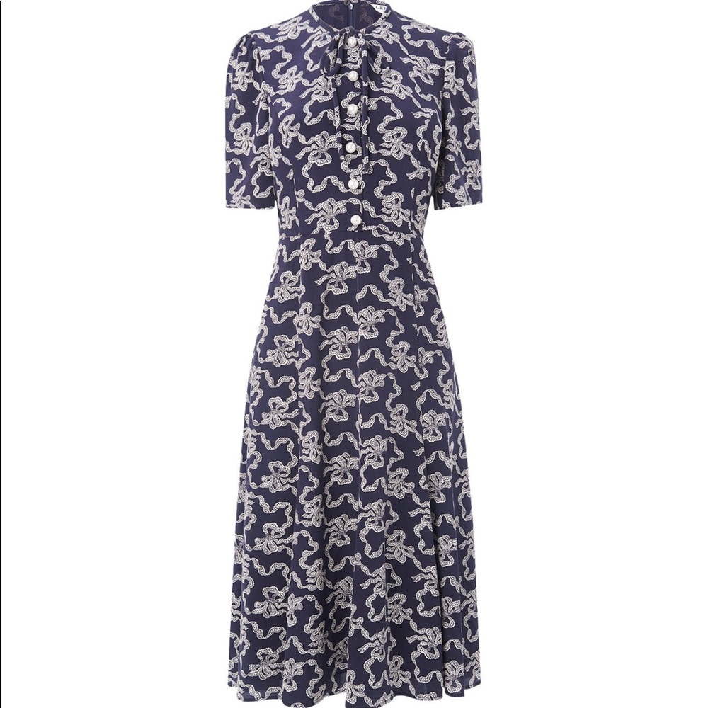 NWT LK Bennett Navy Montana Bow Print Dress